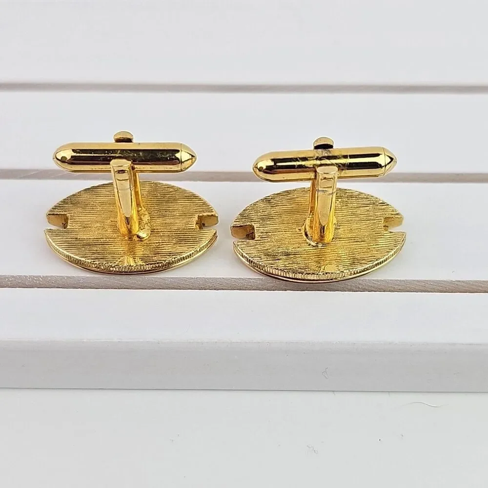 Vintage Cufflinks Gold Tone Filigree Black Foil Red Etched Ovals Unisex 4 Sets